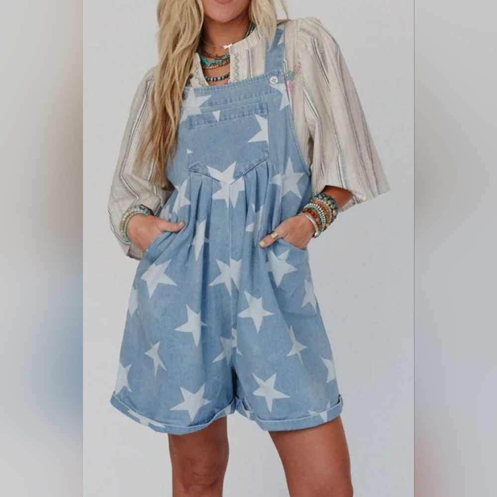 Star Print Square Neck Denim Overalls - Picture 4 of 7